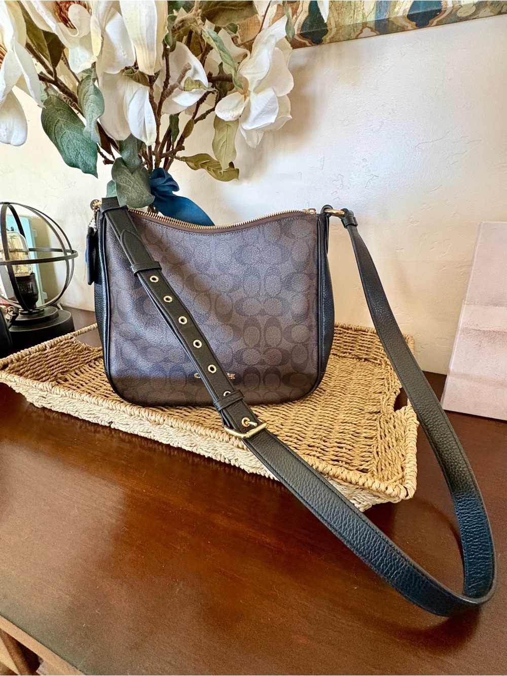 Coach Brown & Black Signature Ellie Crossbody with Black Leather Trim